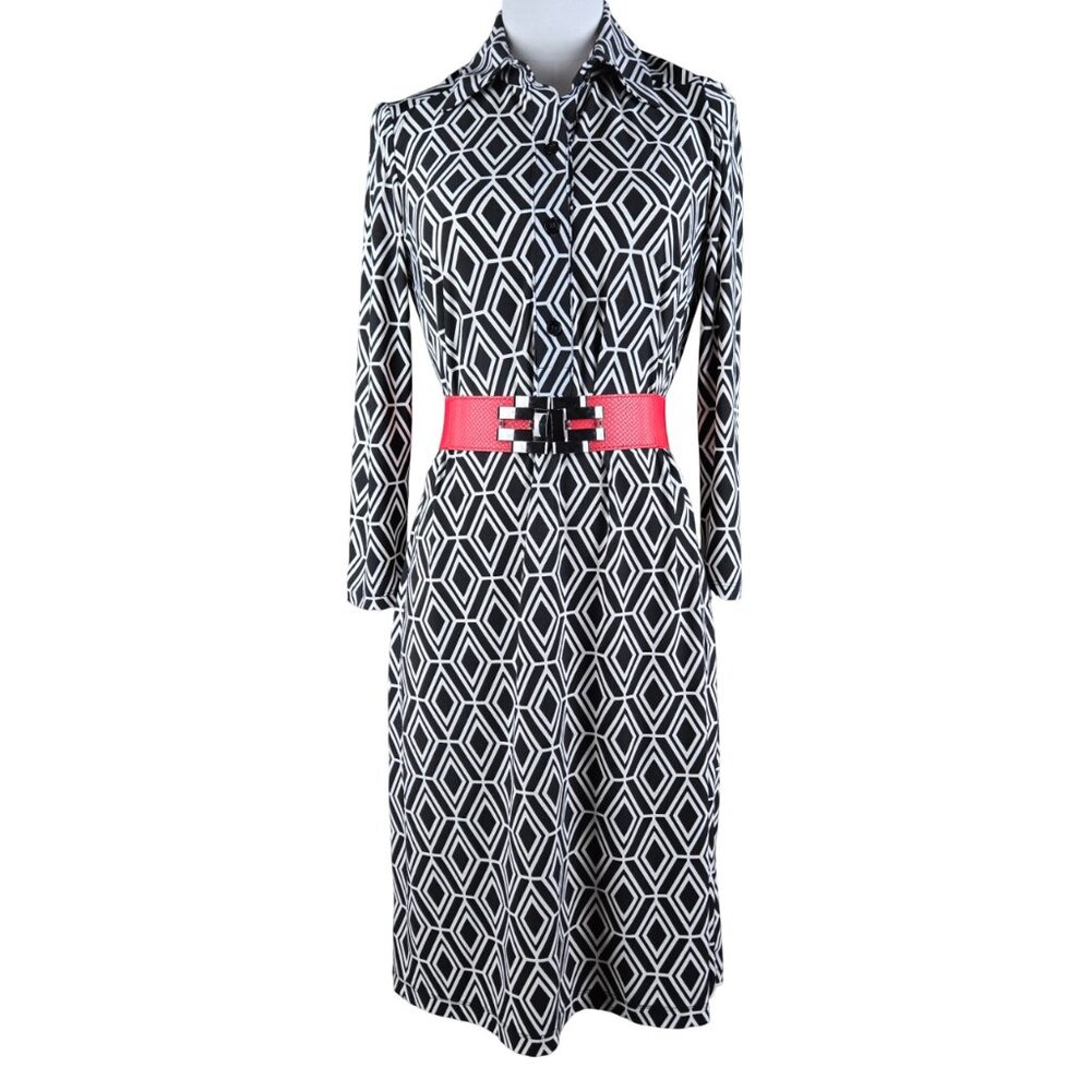 Nine West Black White Diamond Print Shift Dress 4-Button Neckline Size 6
